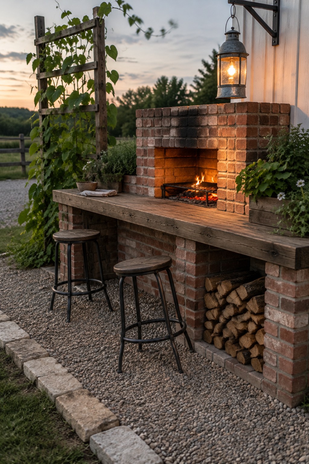 A brick outdoor grill and counter with two stools, firewood storage, and a lit wall lantern.