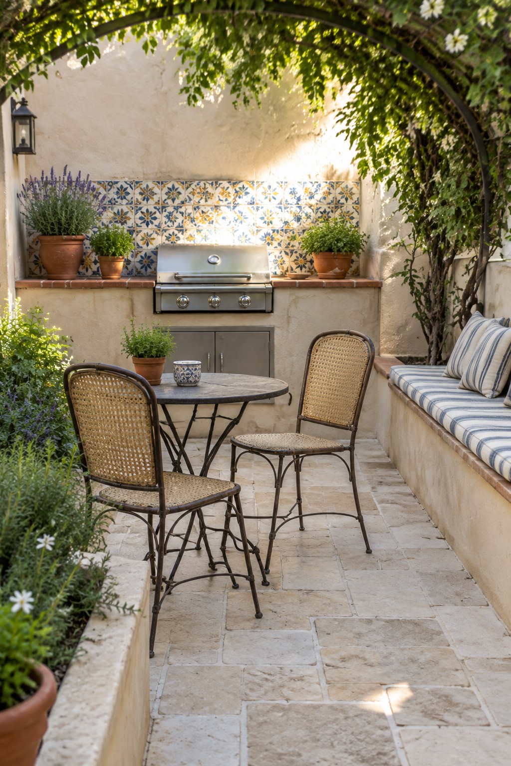 A compact courtyard patio with a built-in grill, a small round table, metal chairs, and a cushioned bench.