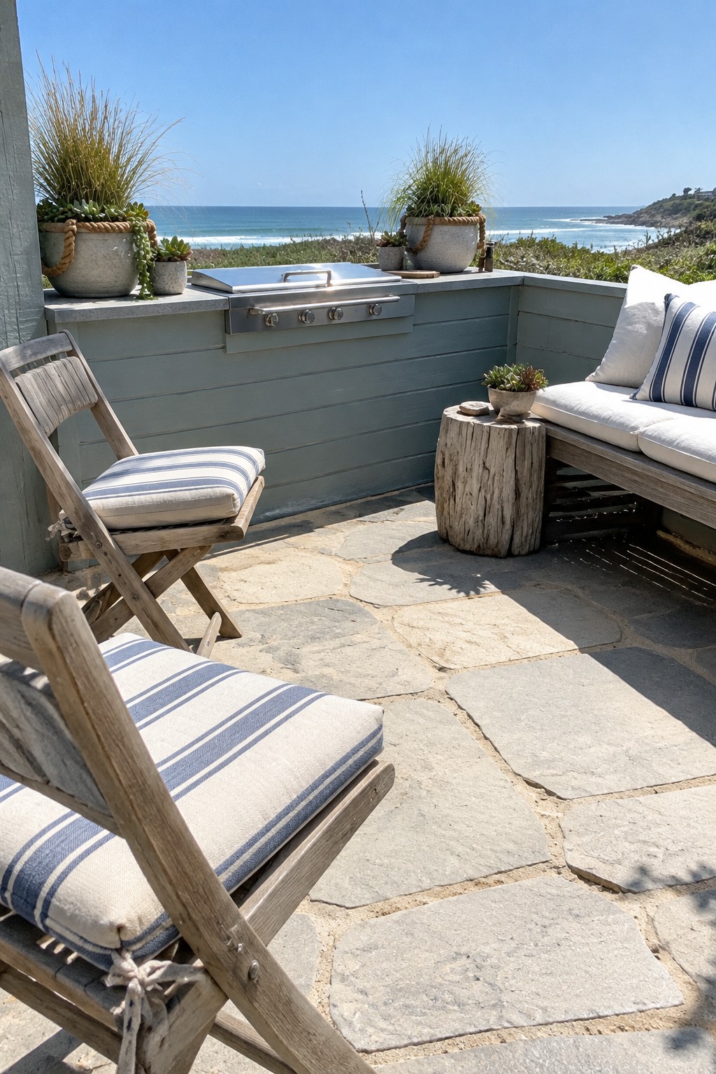 A built-in stainless steel grill set into a blue-gray patio counter beside wooden chairs and a cushioned outdoor bench.