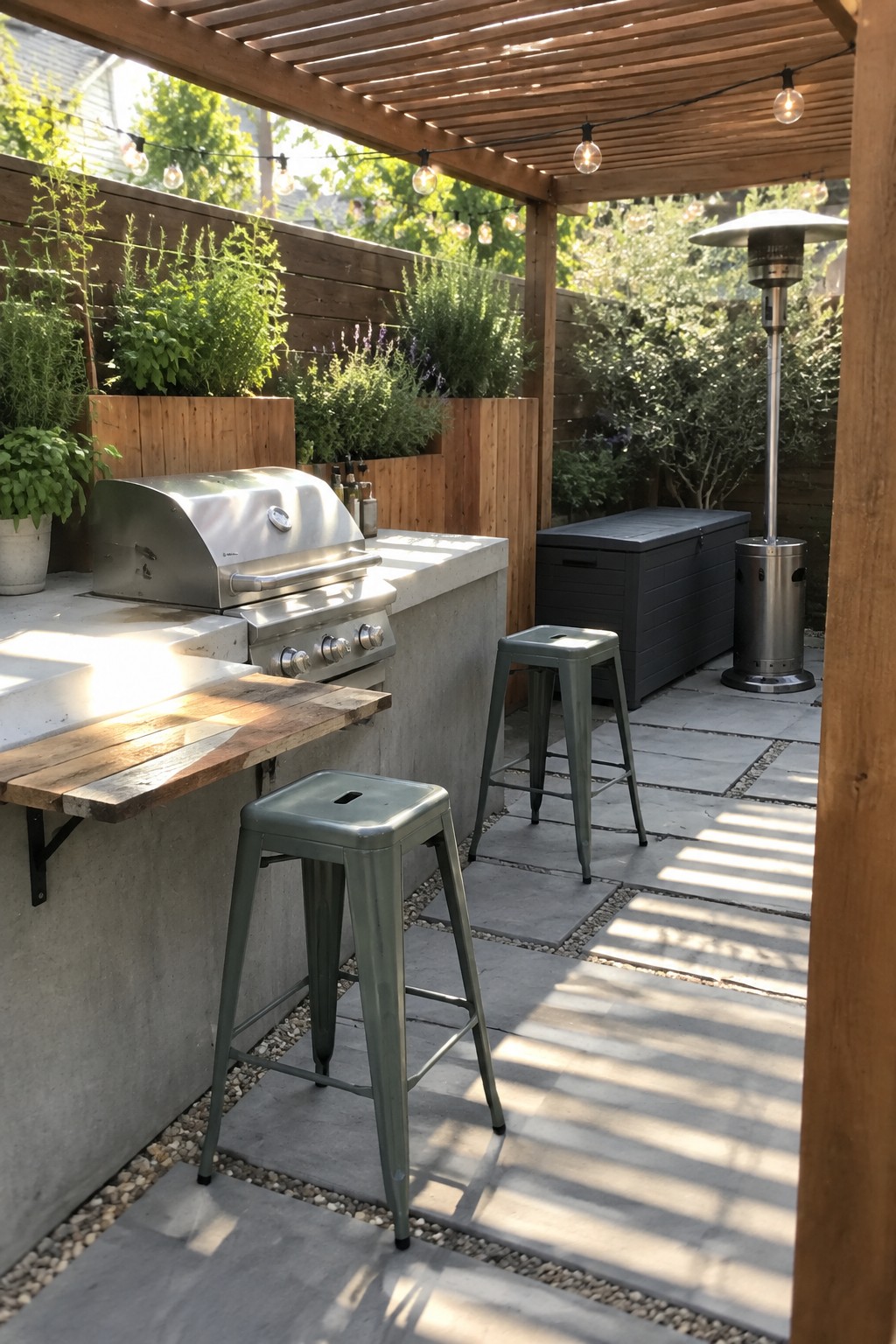 A stainless steel grill is set into a concrete counter beneath a wooden pergola, with a narrow wood ledge and metal stools nearby.
