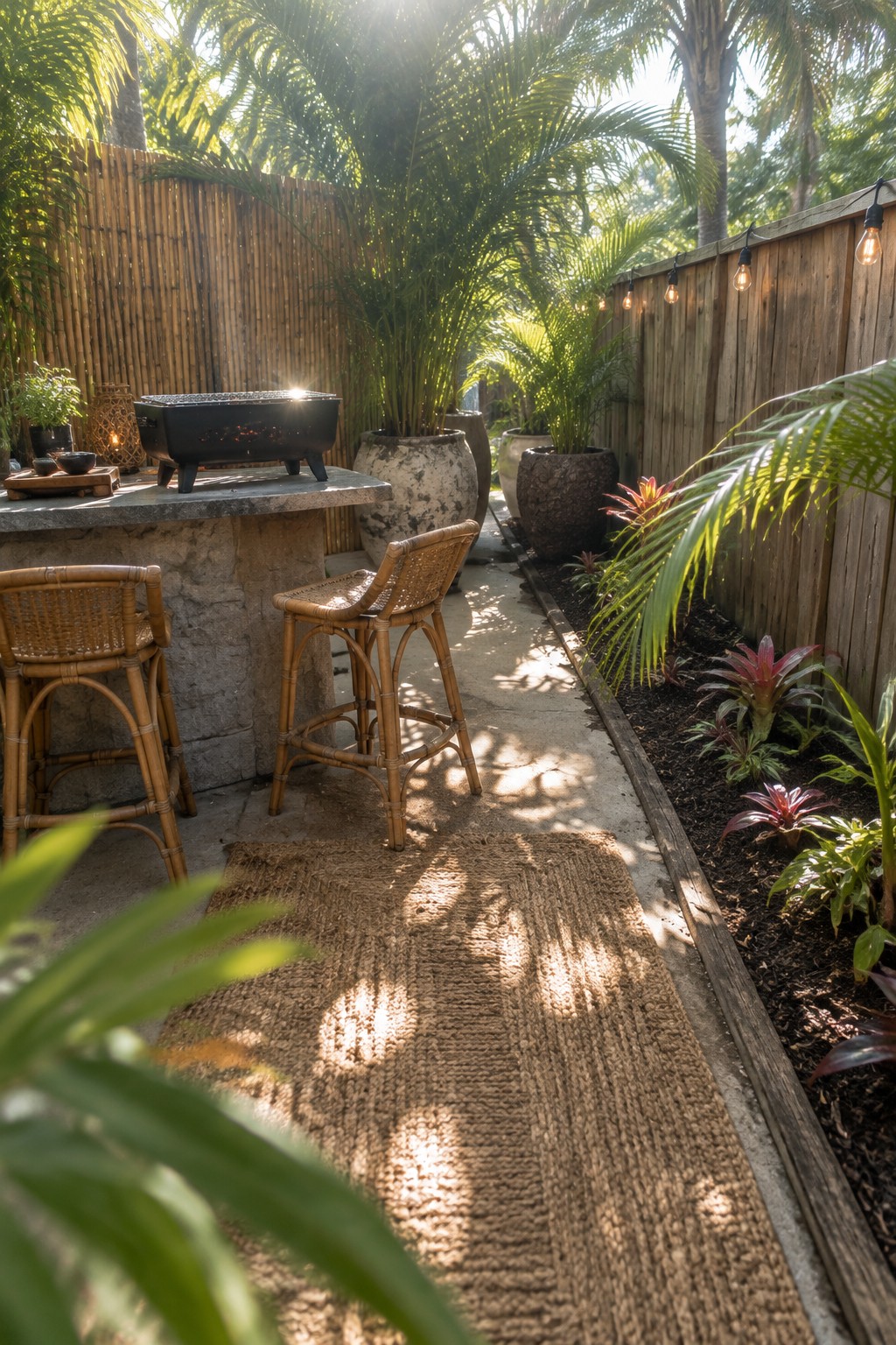 A small black grill sits on a stone counter beside two wicker stools on a narrow patio.
