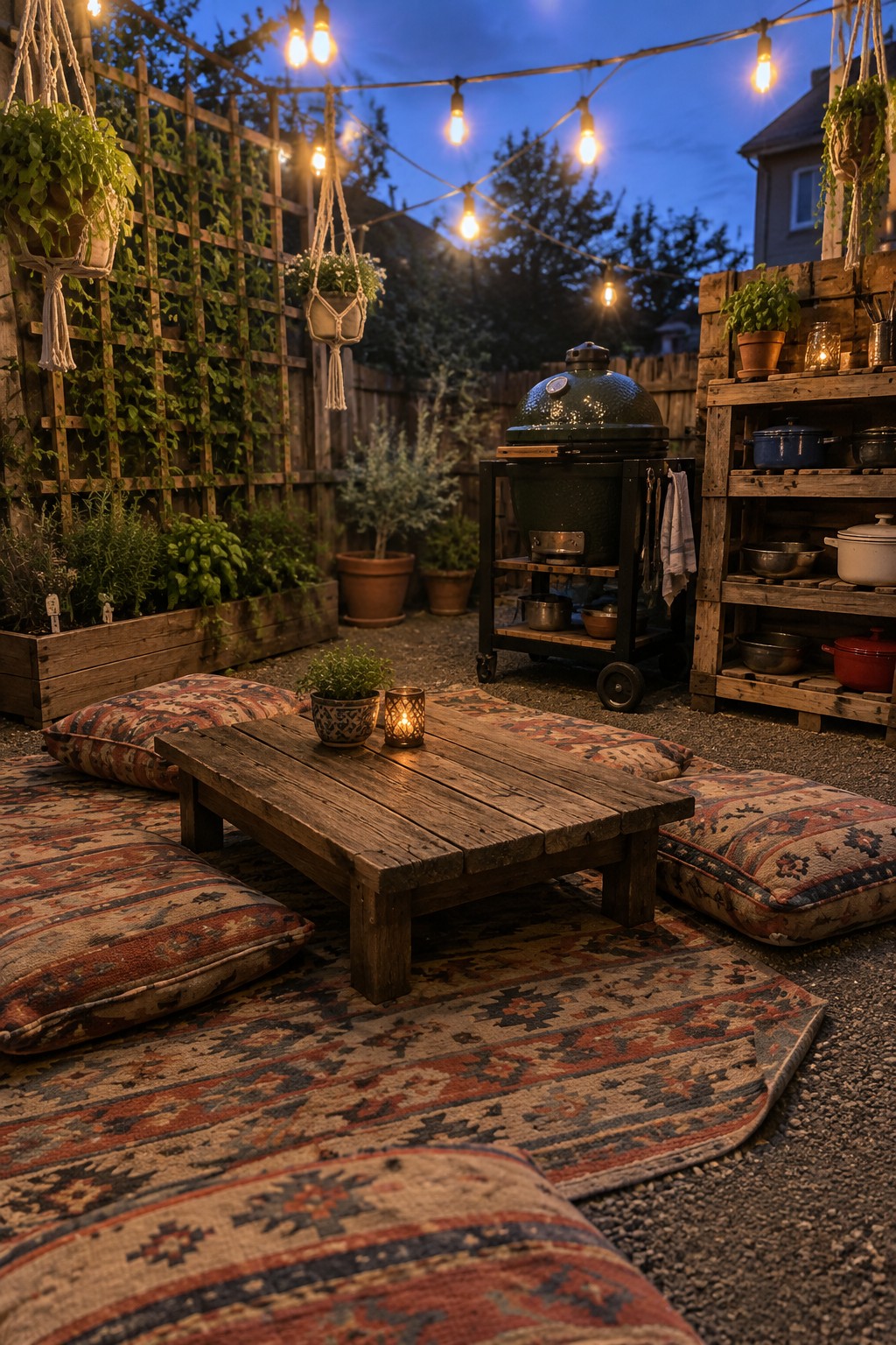 Patterned floor cushions surround a low wooden table in a backyard patio beside a ceramic grill and string lights.