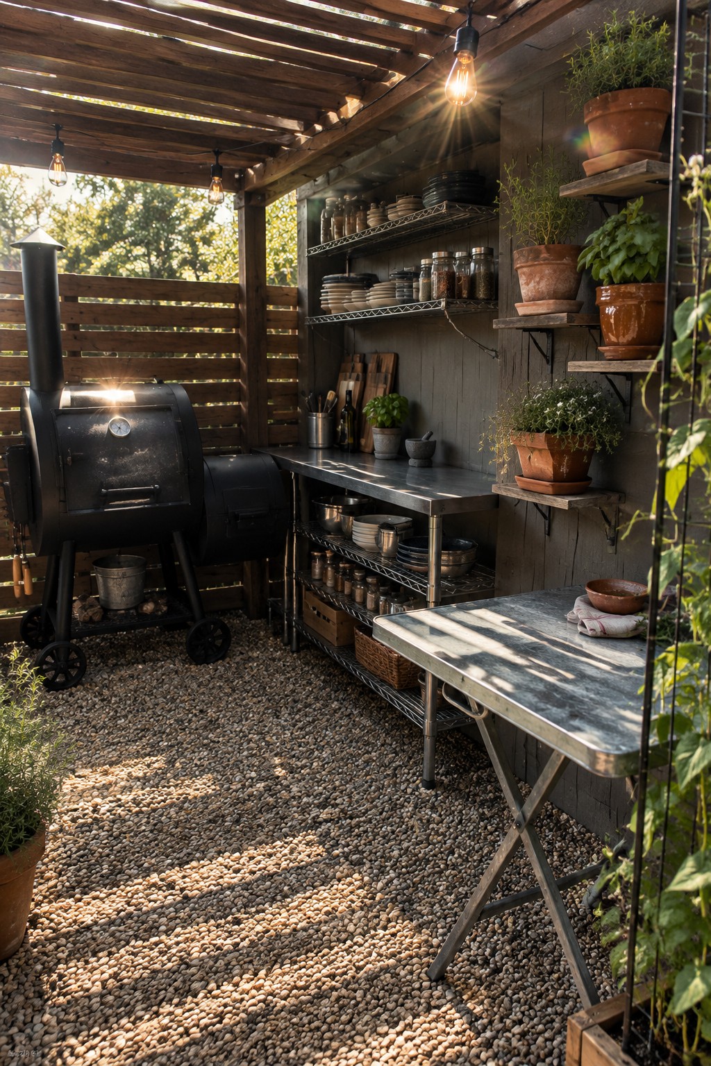A covered outdoor cooking area with a black smoker, stainless steel counters, open shelves of dishes, and potted herbs.