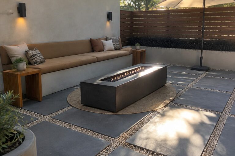 18 Budget-Friendly Paver-and-Gravel Patio Ideas for Mixed-Material Surfaces Large gray square pavers with pebble-filled joints surround a rectangular fire pit and built-in patio seating.
