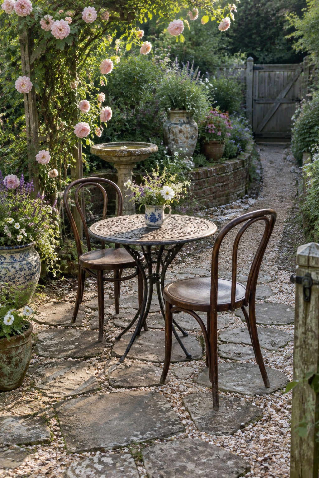 A round metal patio table with two chairs sits on stone pavers with gravel joints in a flower-filled garden.