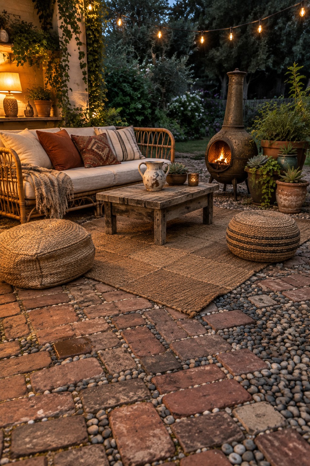 A brick paver patio with gravel joints surrounds a rug, wicker sofa, wooden coffee table, and outdoor chiminea.