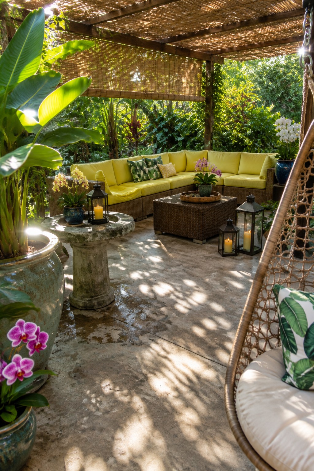 A concrete patio with a pergola, yellow-cushioned sectional sofa, wicker coffee table, potted plants, and lanterns.
