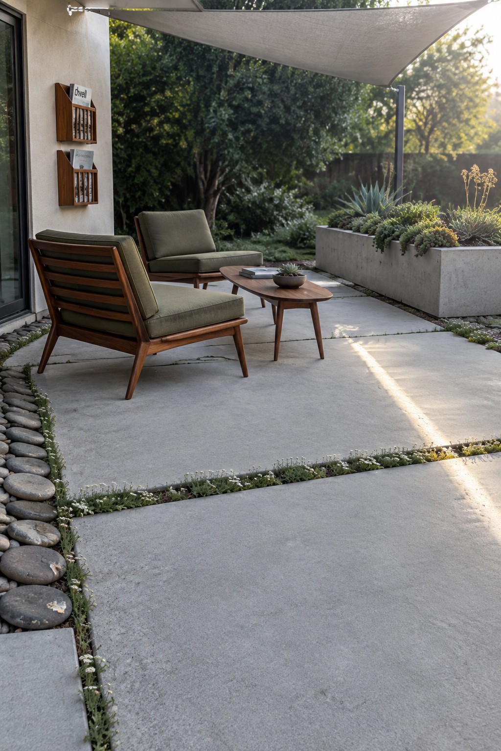 A shade sail covers two cushioned wooden chairs and a small coffee table on a concrete patio.