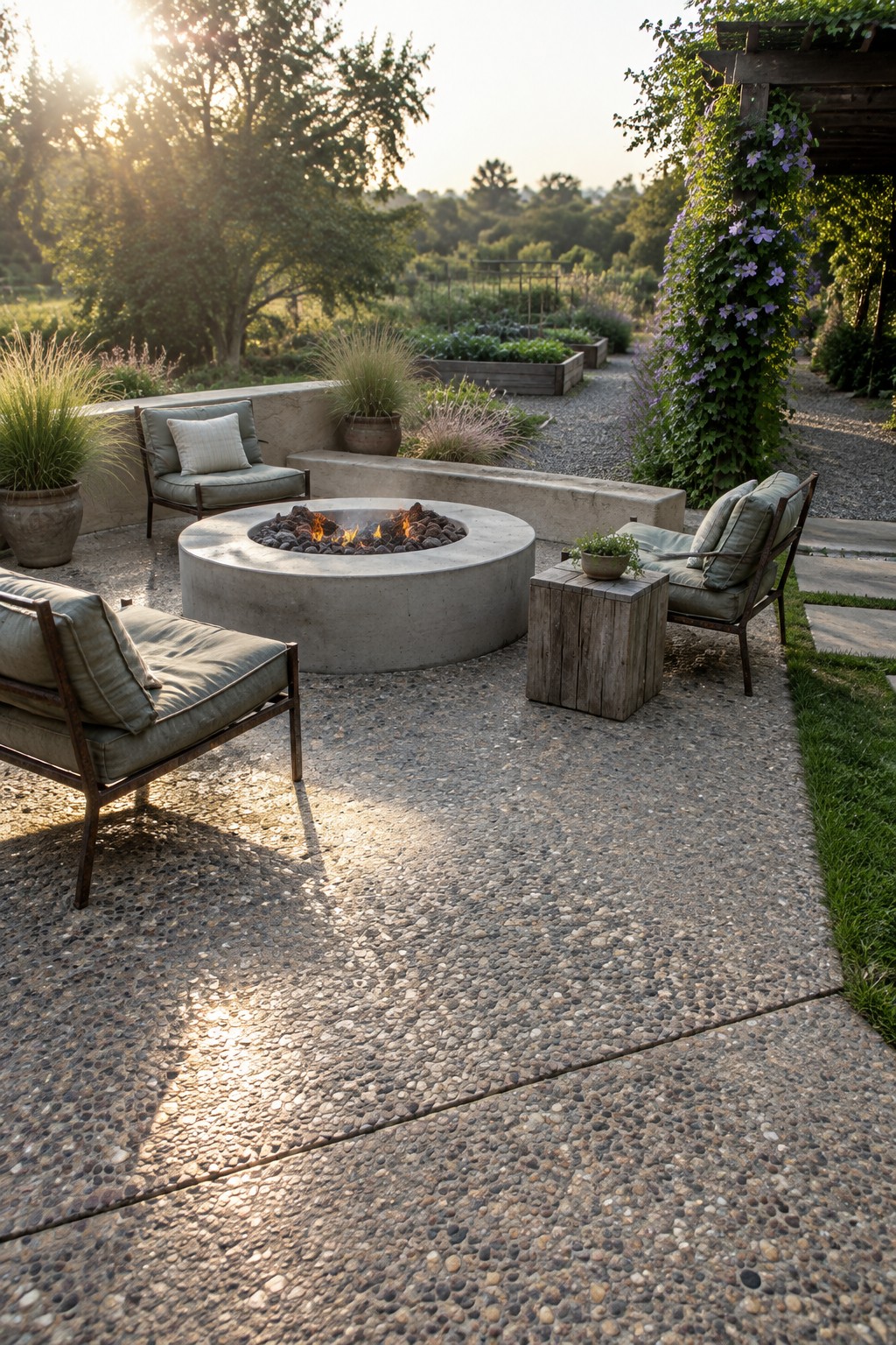 A round concrete fire pit sits on a pebble-finish patio surrounded by cushioned chairs.