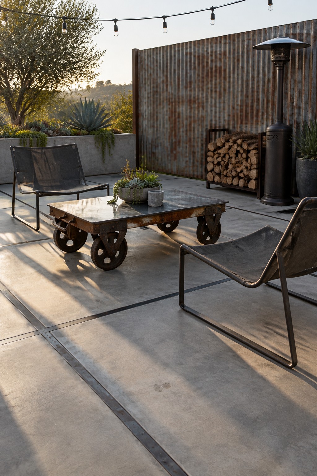 Two metal lounge chairs and a low wheeled table sit on a concrete slab patio beside a corrugated metal privacy wall.