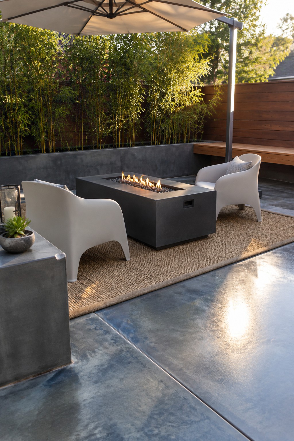 A rectangular fire table sits between two white outdoor chairs on a concrete patio, with a large umbrella overhead.