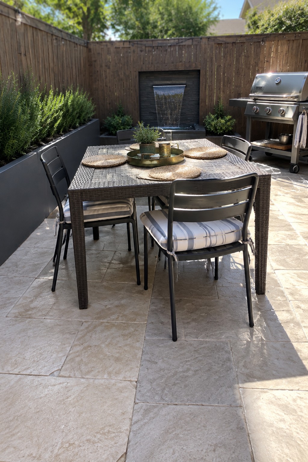 A patio dining table and chairs sit on a light-colored concrete slab beside a raised planter, a wall fountain, and a stainless steel grill.