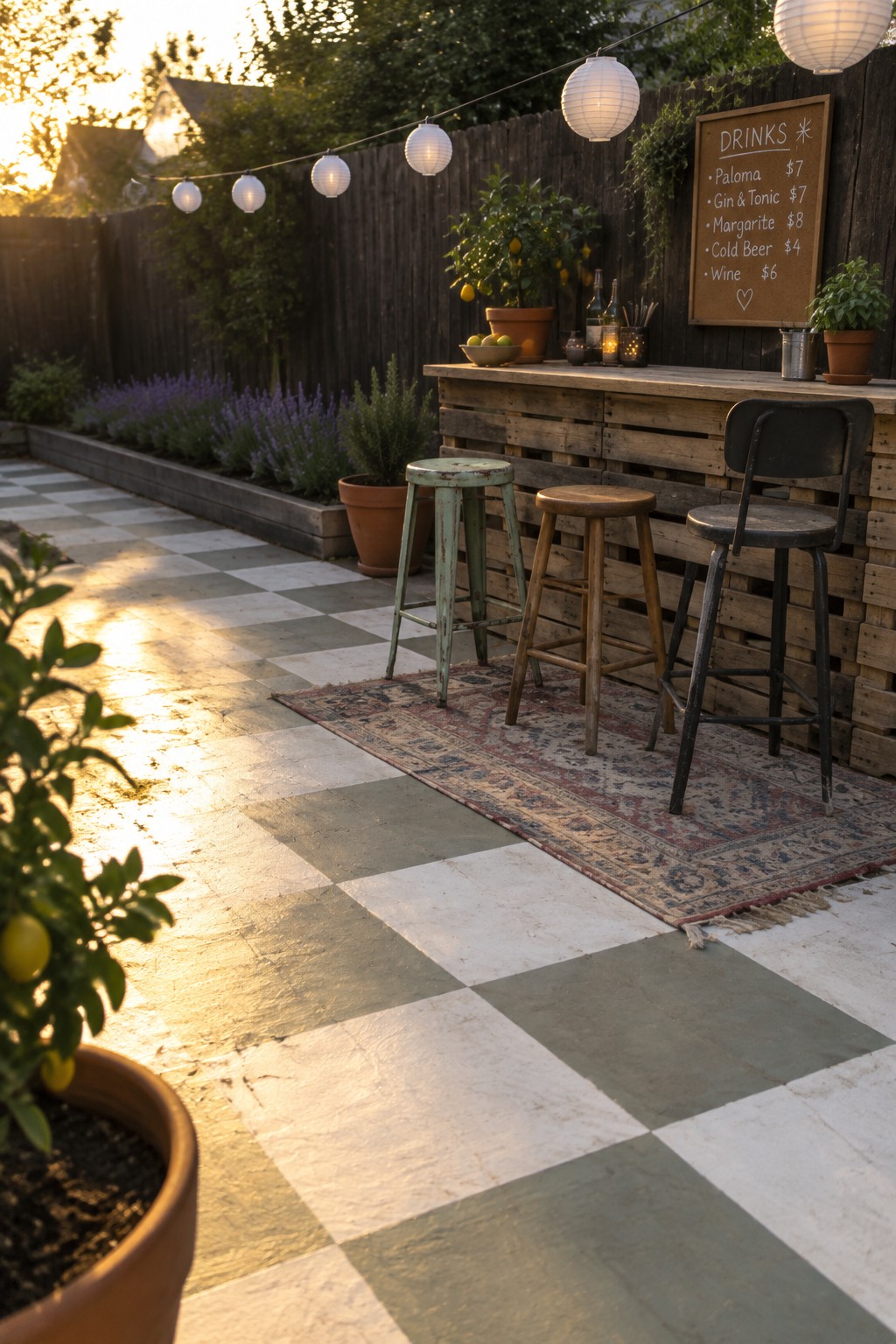 A wooden outdoor bar with three stools sits on a large checkerboard concrete patio.