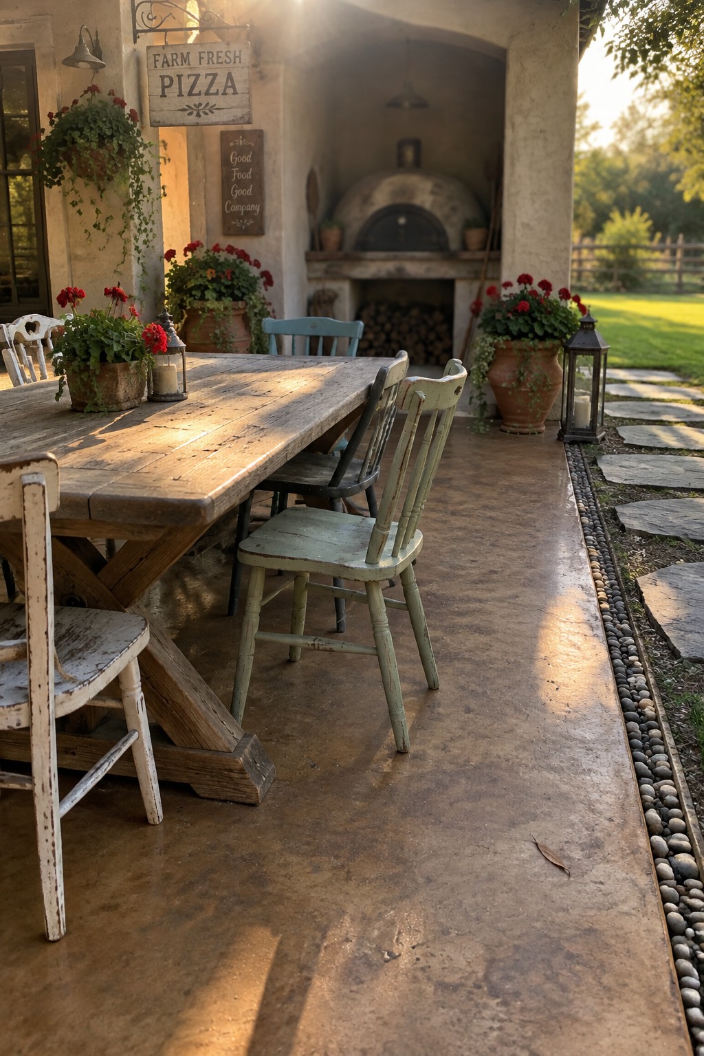 A rustic wooden dining table and mismatched chairs sit on a concrete patio beside a built-in pizza oven.