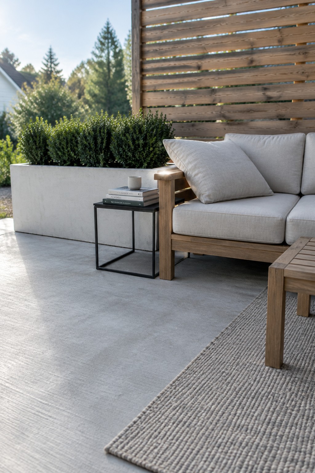 A light-colored outdoor sofa and side table sit on a concrete patio beside a raised planter and wooden privacy screen.