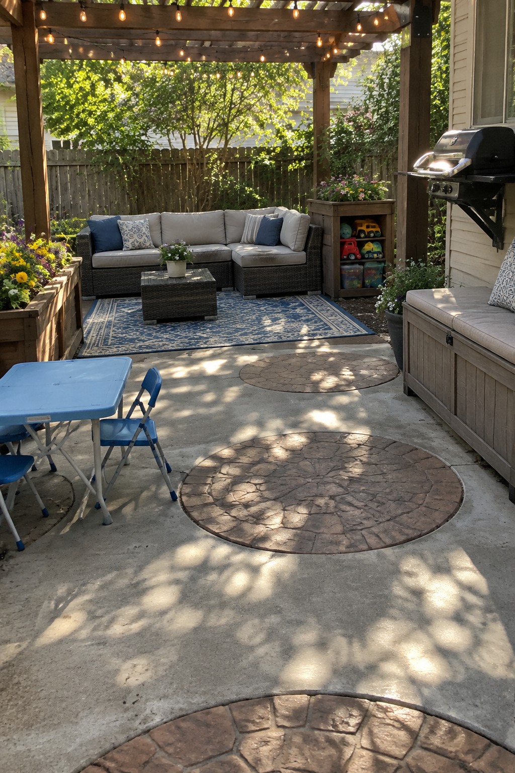 A backyard patio with a large concrete surface, round stamped-concrete inserts, a pergola, and outdoor seating.