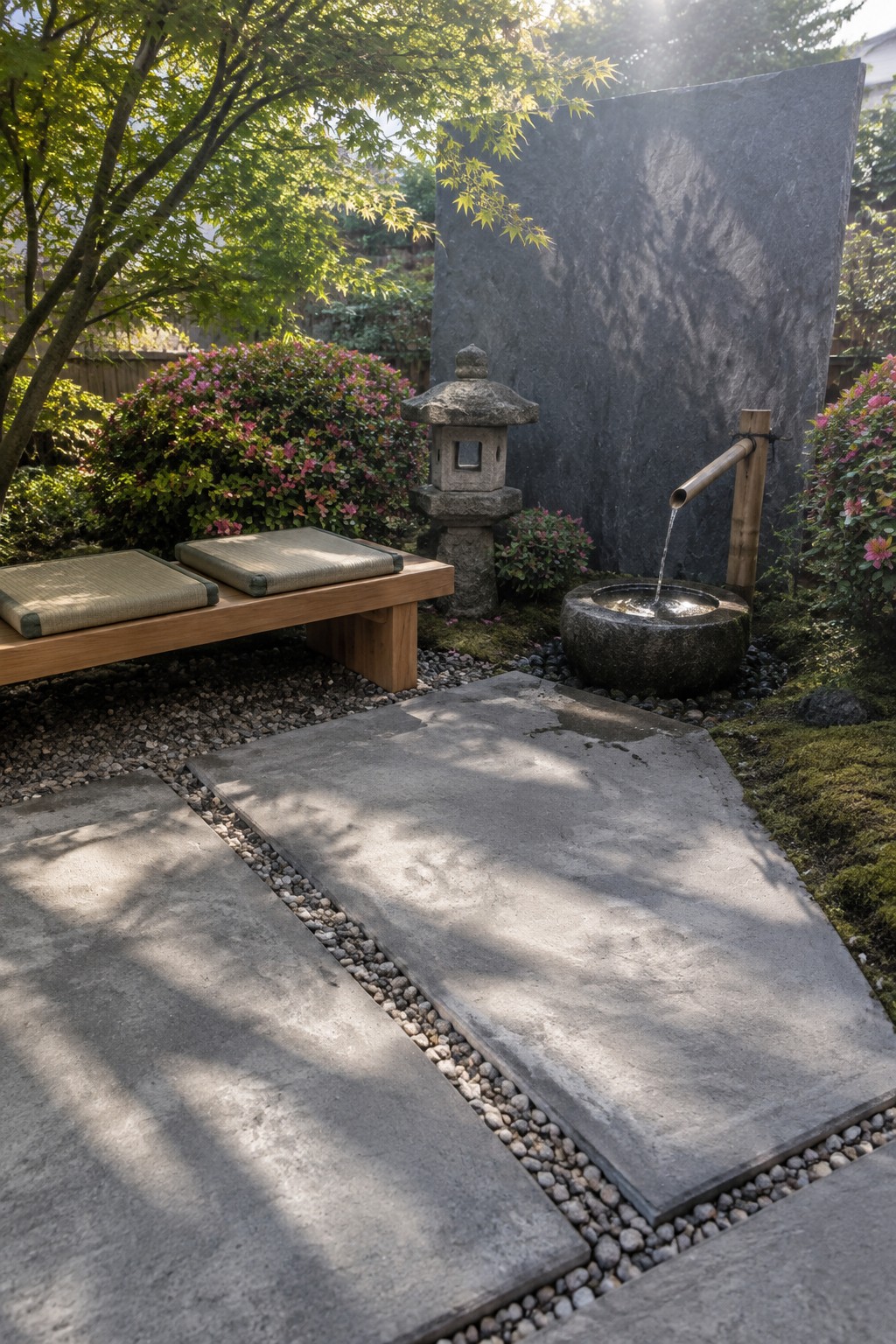 Large rectangular concrete slabs separated by gravel lead through a garden with a wooden bench, stone lantern, and bamboo water spout.