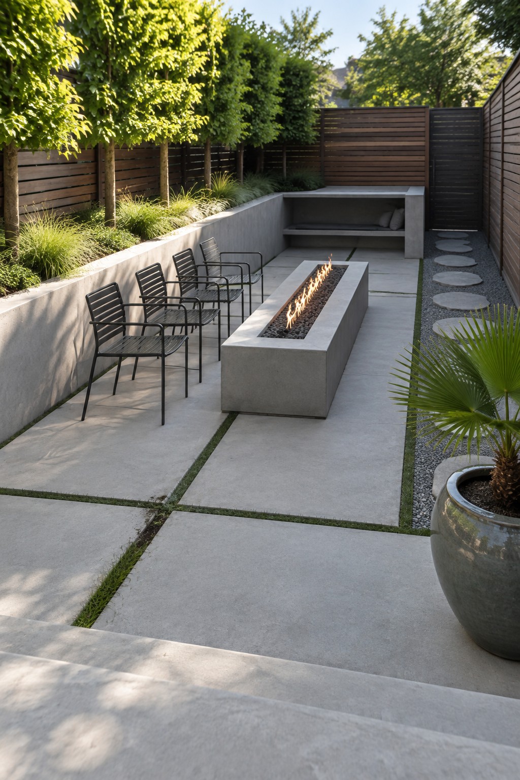 A narrow paved patio with a rectangular built-in fire pit, metal chairs, a concrete bench, and wood fencing.
