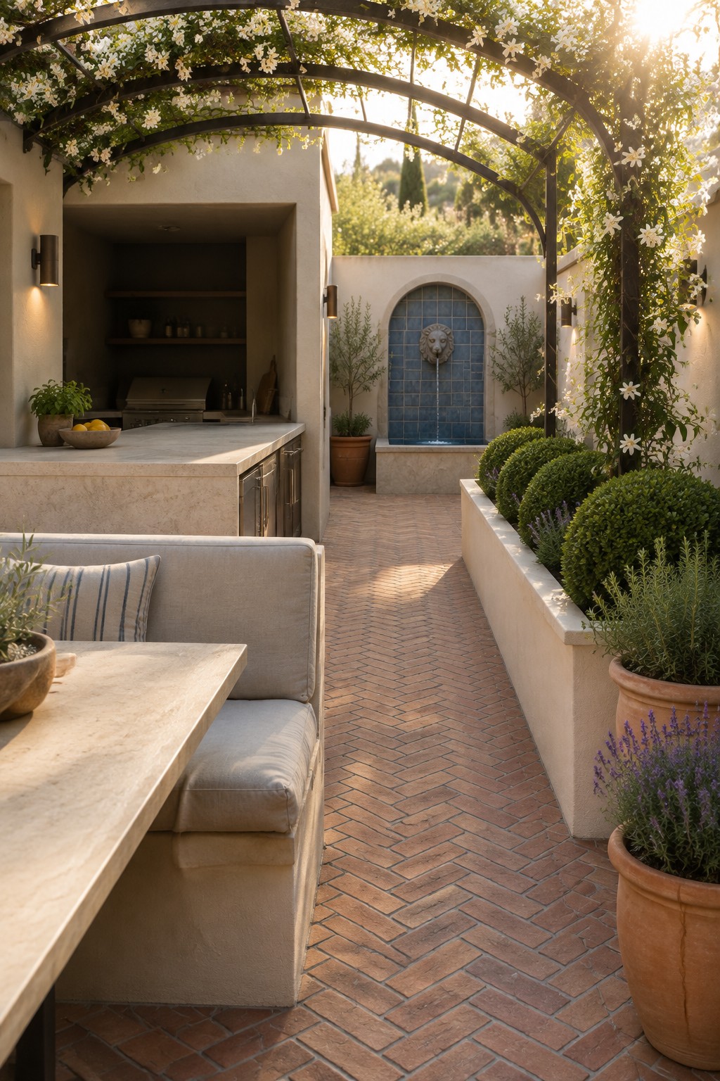 A narrow patio has a built-in outdoor kitchen along one side, a herringbone brick path, and raised planting beds beneath a flower-covered pergola.