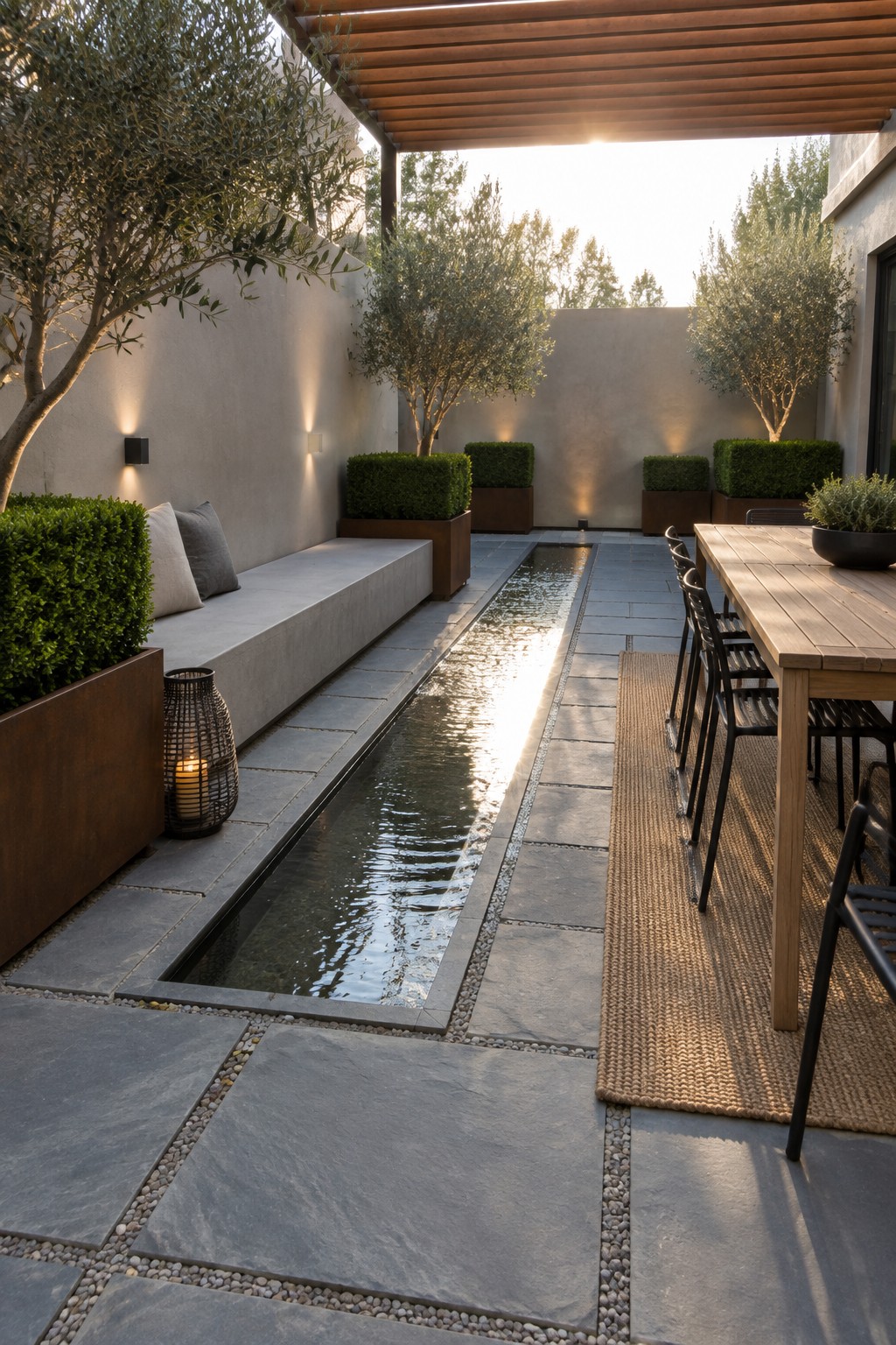 A narrow water channel runs between a built-in bench and an outdoor dining table on a paved patio.