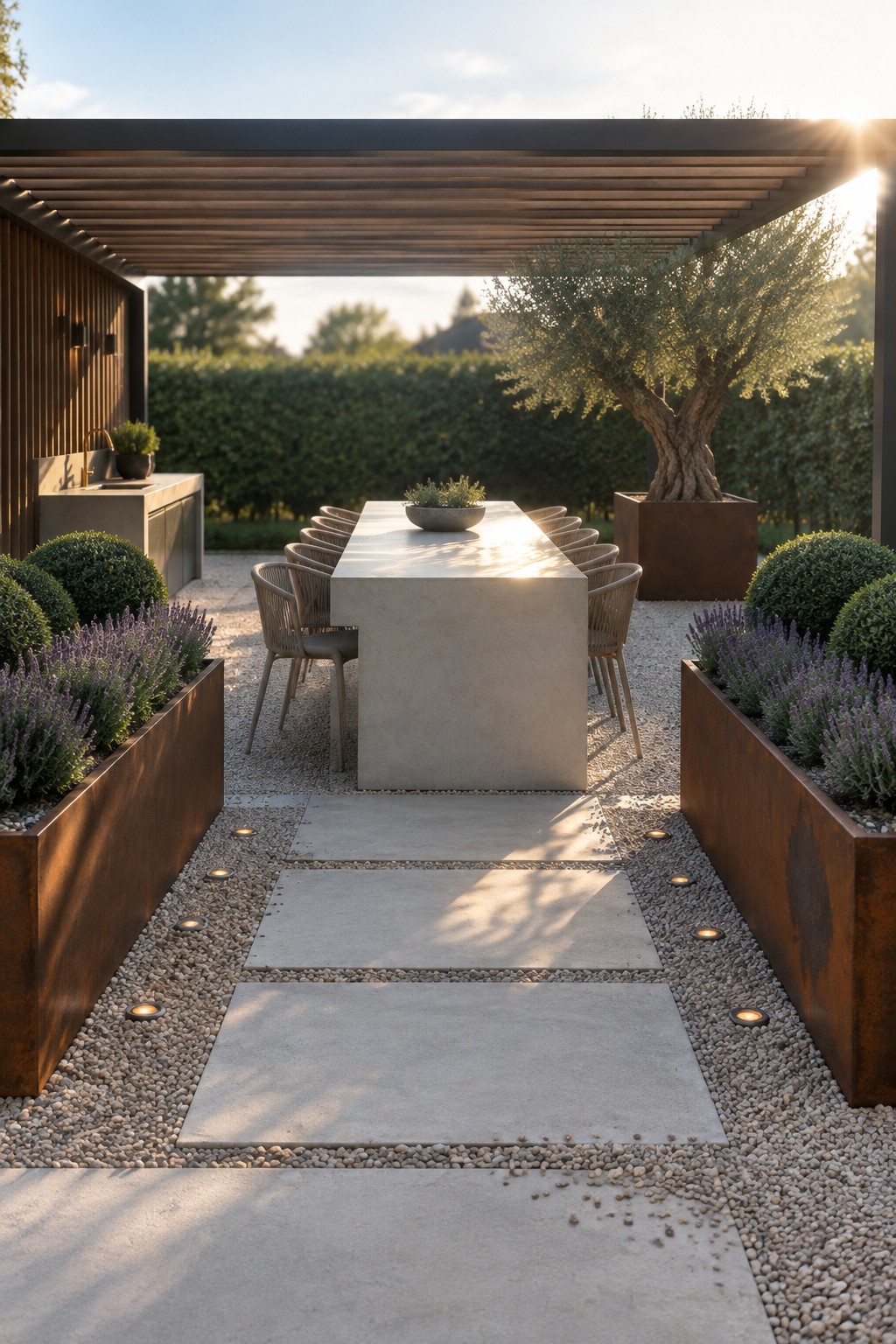 A long outdoor dining table and woven chairs sit beneath a dark pergola beside raised planters and an olive tree.