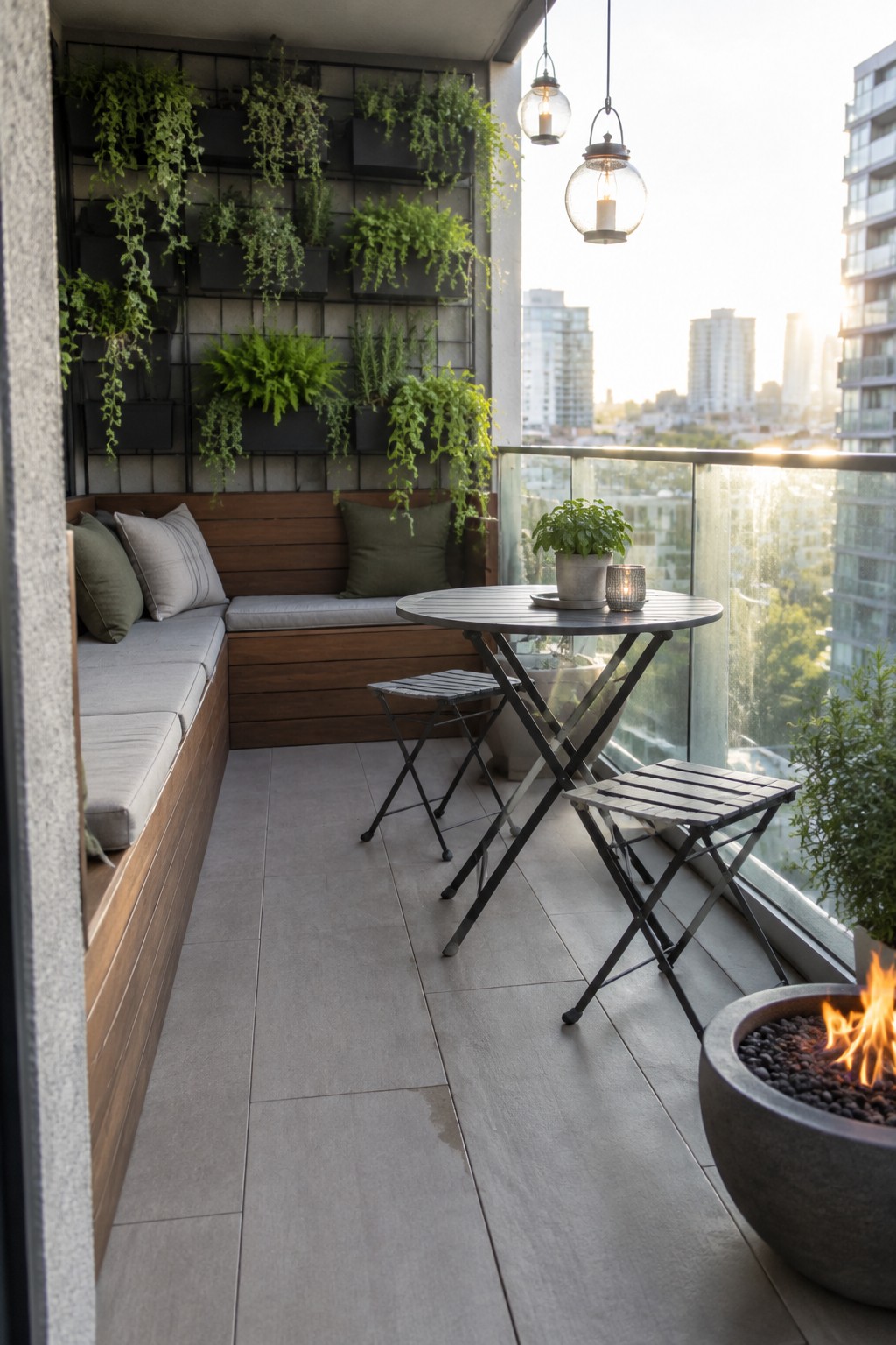A narrow balcony with a wall-mounted garden, built-in bench seating, a round table, folding chairs, and a fire bowl.