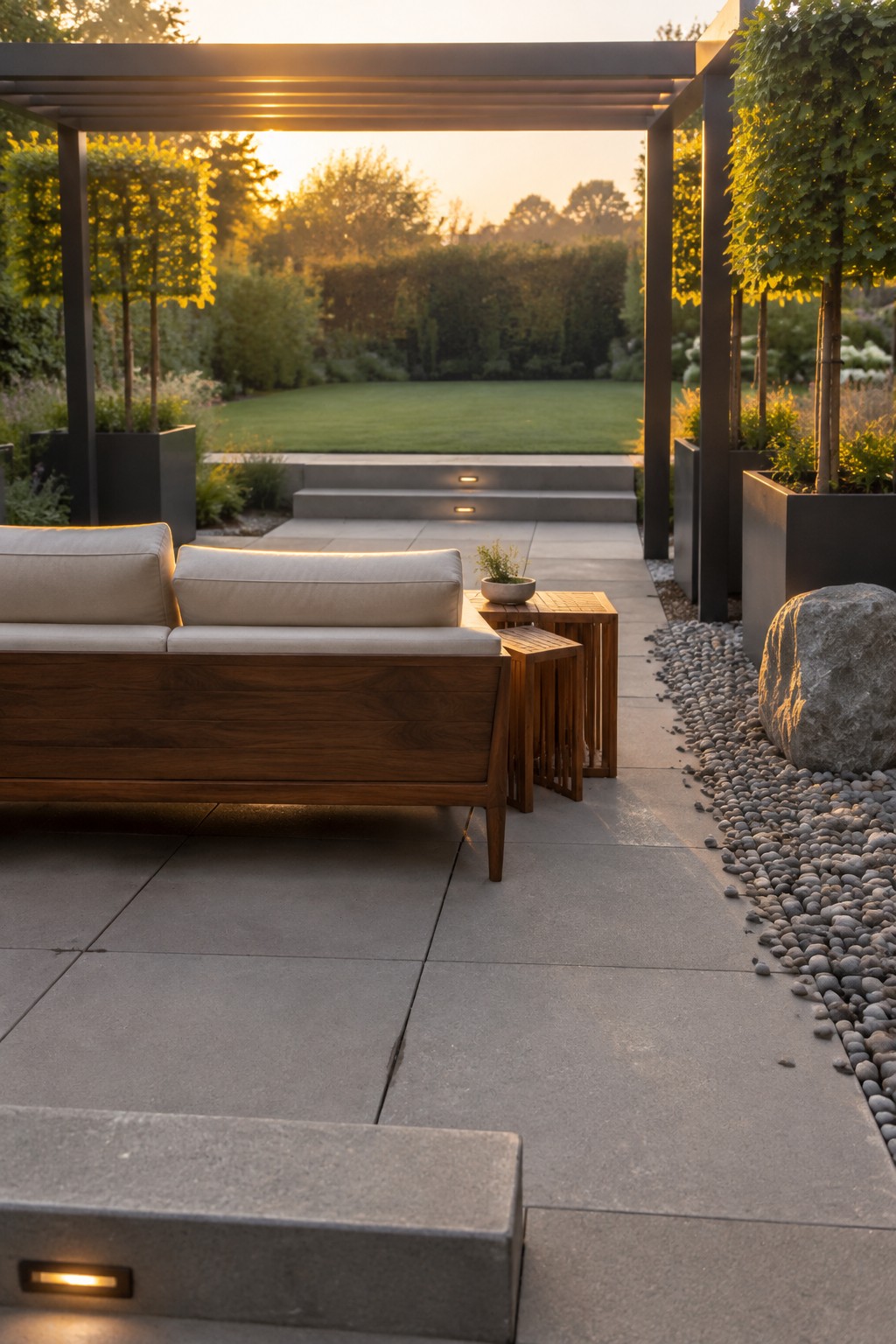 A paved patio with a straight walkway beside a wooden sofa, leading past two steps to a lawn.