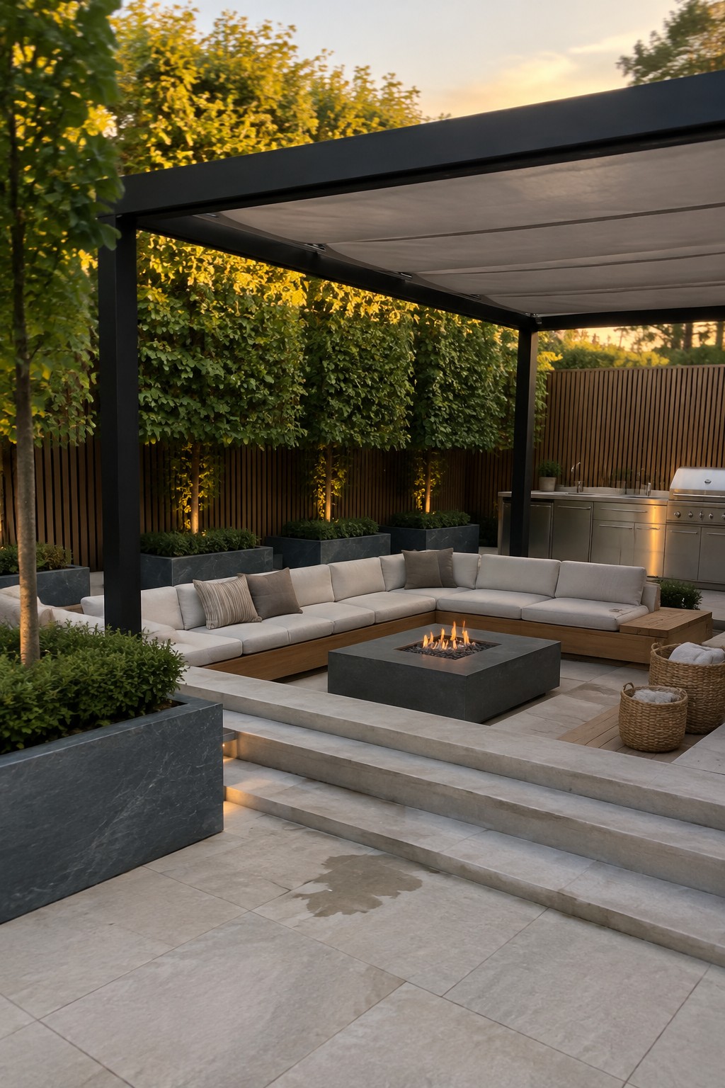 A covered patio with an L-shaped sectional around a square fire table, raised planters, stone steps, and an outdoor kitchen.