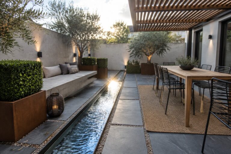 18 Modern Patio Garden Ideas With Clean Lines and Structured Greenery A narrow water channel runs between a built-in bench and an outdoor dining table on a paved patio.
