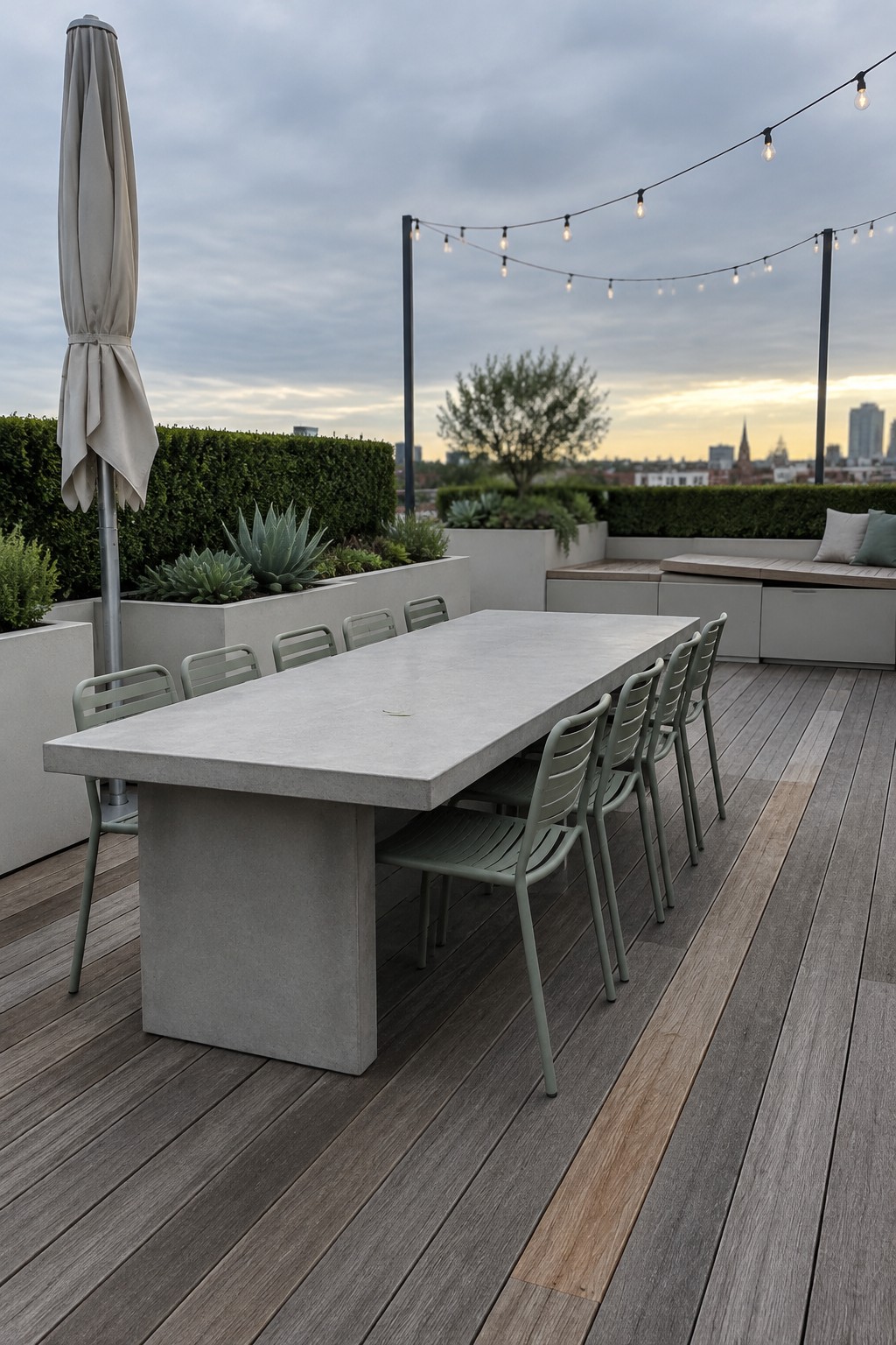 A long concrete dining table with green chairs sits on a wood deck beside raised planters and a built-in bench.