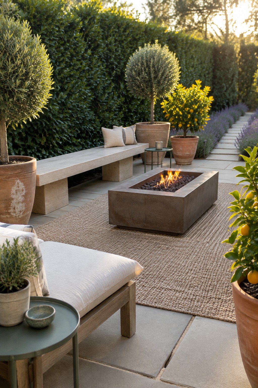 A rectangular fire pit sits on a woven rug between a stone bench and cushioned patio seating, with potted plants nearby.
