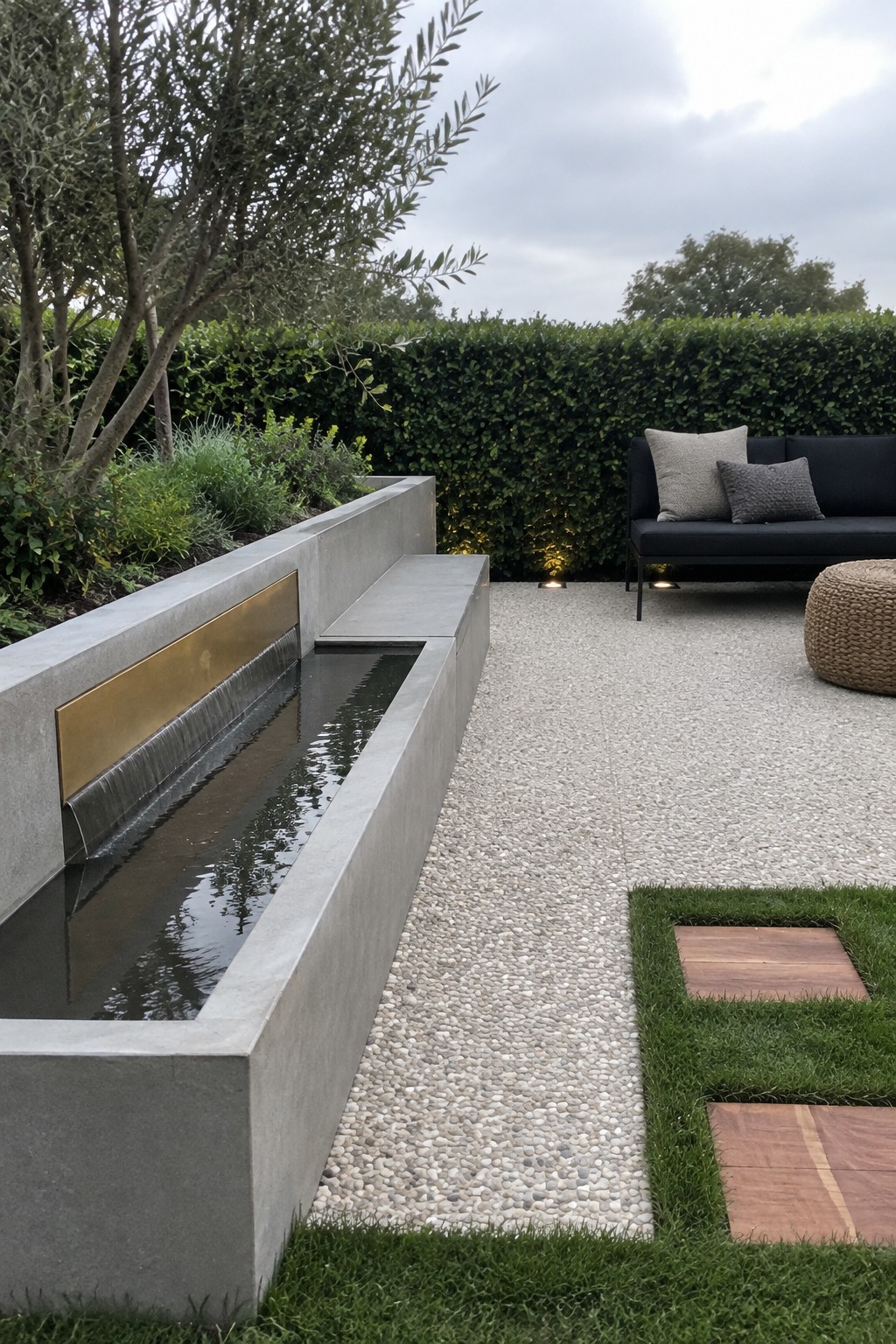 A long concrete water feature with a brass spillway runs beside a pebble patio with a dark sofa and clipped hedge.