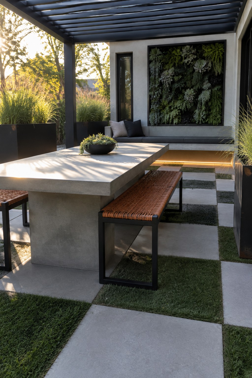A concrete outdoor dining table and woven benches sit beneath a dark pergola beside a garden wall with planted greenery.