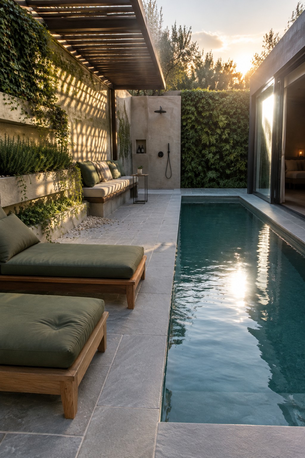 A narrow poolside patio with green-cushioned wooden loungers beneath a slatted pergola, stone walls, and climbing plants.