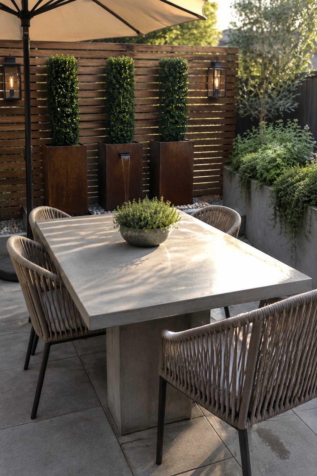 A concrete patio dining table and woven chairs sit beside a horizontal wood fence with three tall planters and clipped shrubs.