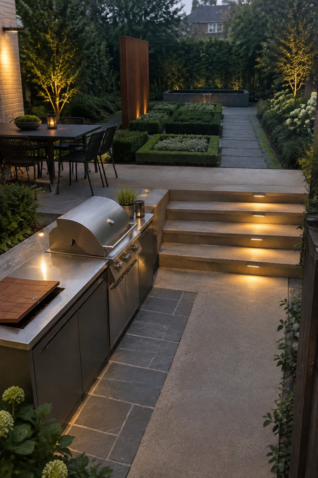 A stainless steel outdoor grill sits beside stone steps leading up to a patio dining area and a formal garden path.