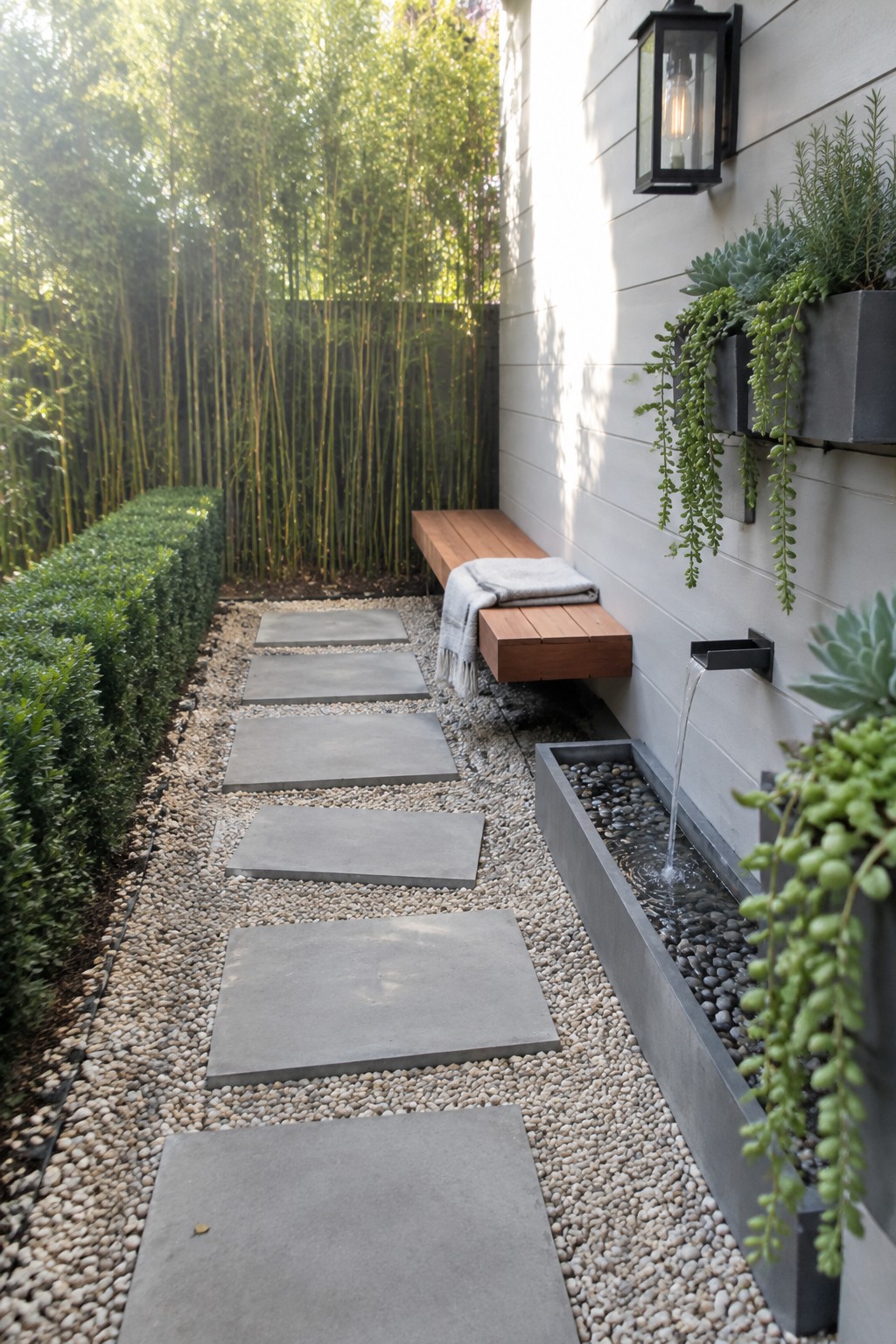 Large rectangular concrete stepping stones run through pale gravel beside a clipped hedge and a white house wall with a built-in bench and water feature.