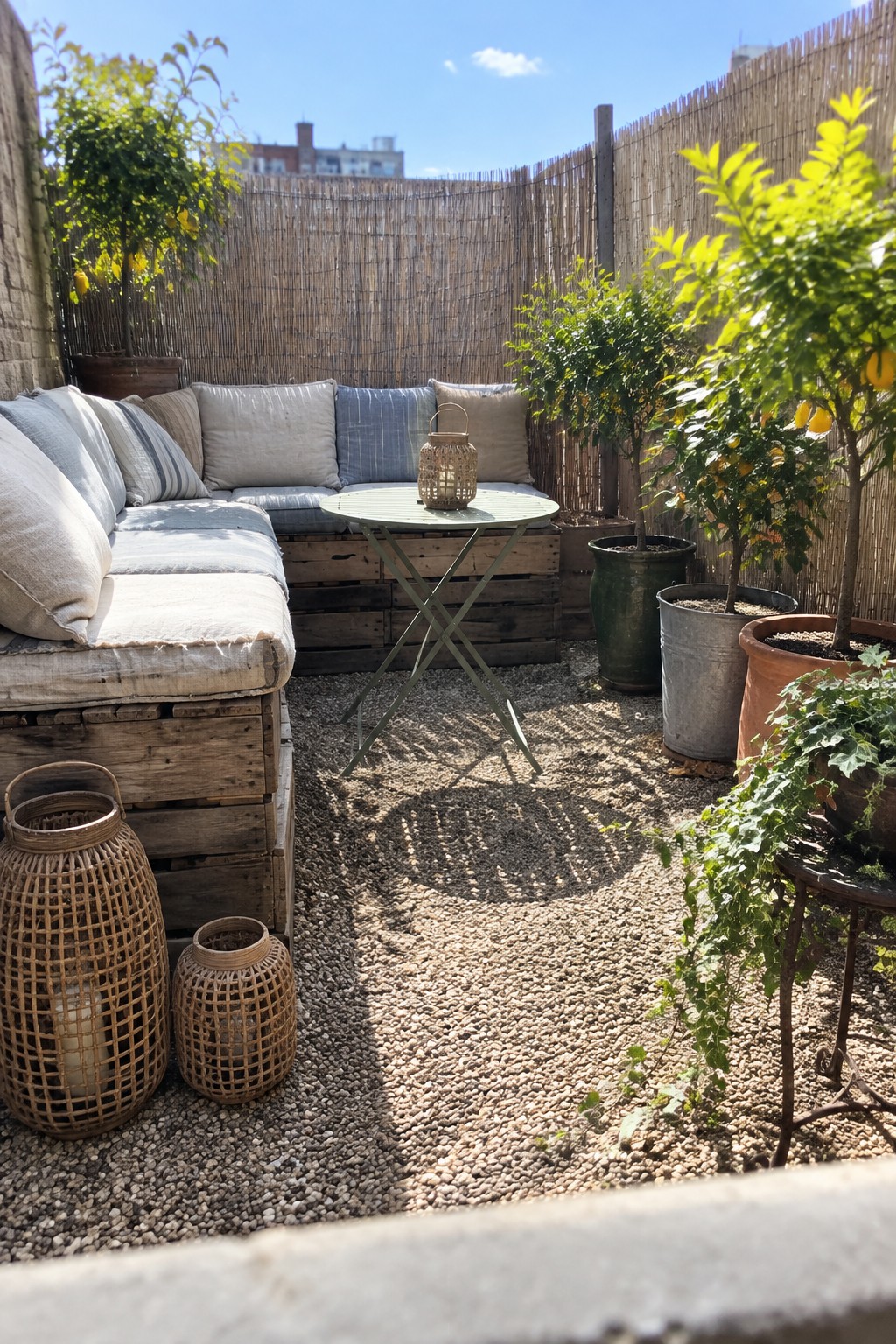 A small patio with an L-shaped wooden pallet sofa, pale cushions, a folding metal table, gravel flooring, reed fencing, and potted plants.