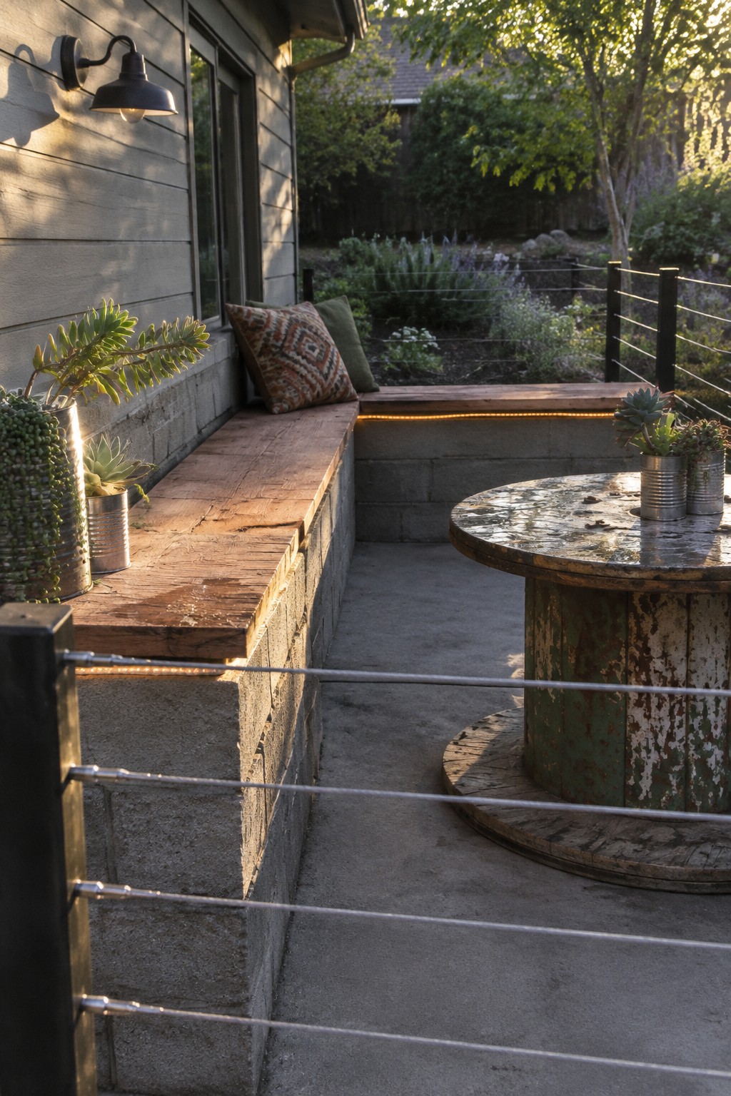 A wood-topped concrete bench runs along the side of a house on a patio, beside a round table made from a wooden cable spool.