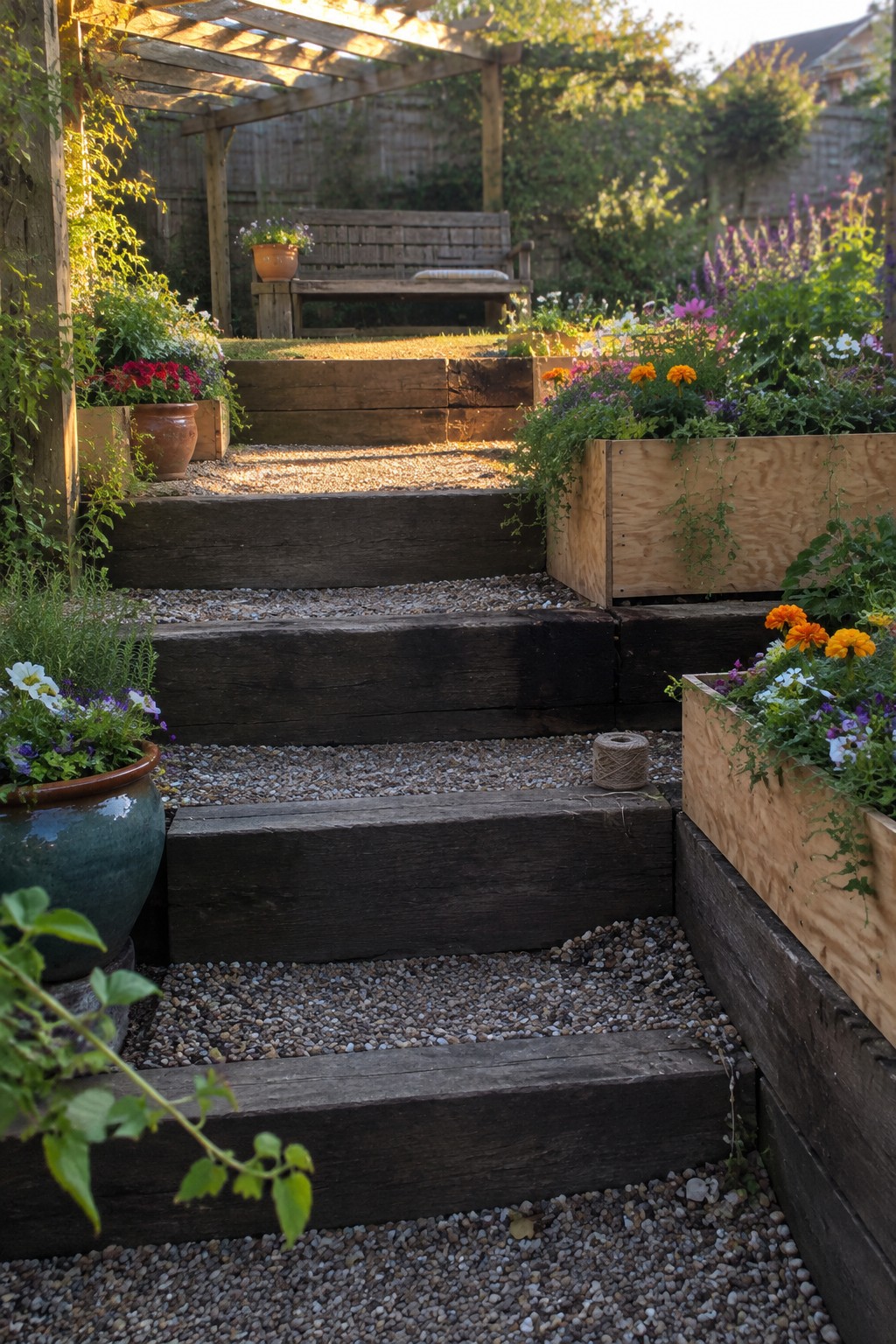 A gravel garden path climbs between timber steps and raised wooden flower beds toward a bench beneath a pergola.