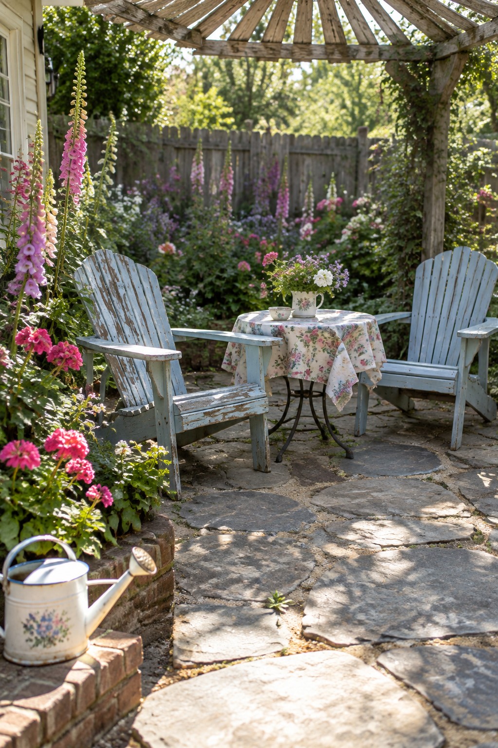 Two weathered blue chairs sit beside a small round table with a floral tablecloth on a stone patio beneath a wooden pergola.