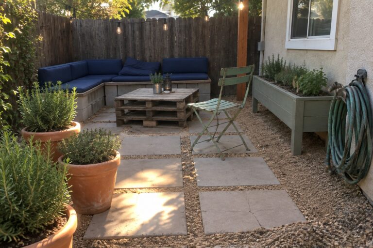 Concrete stepping stones run through a gravel patio beside a raised garden bed and a pallet sofa.