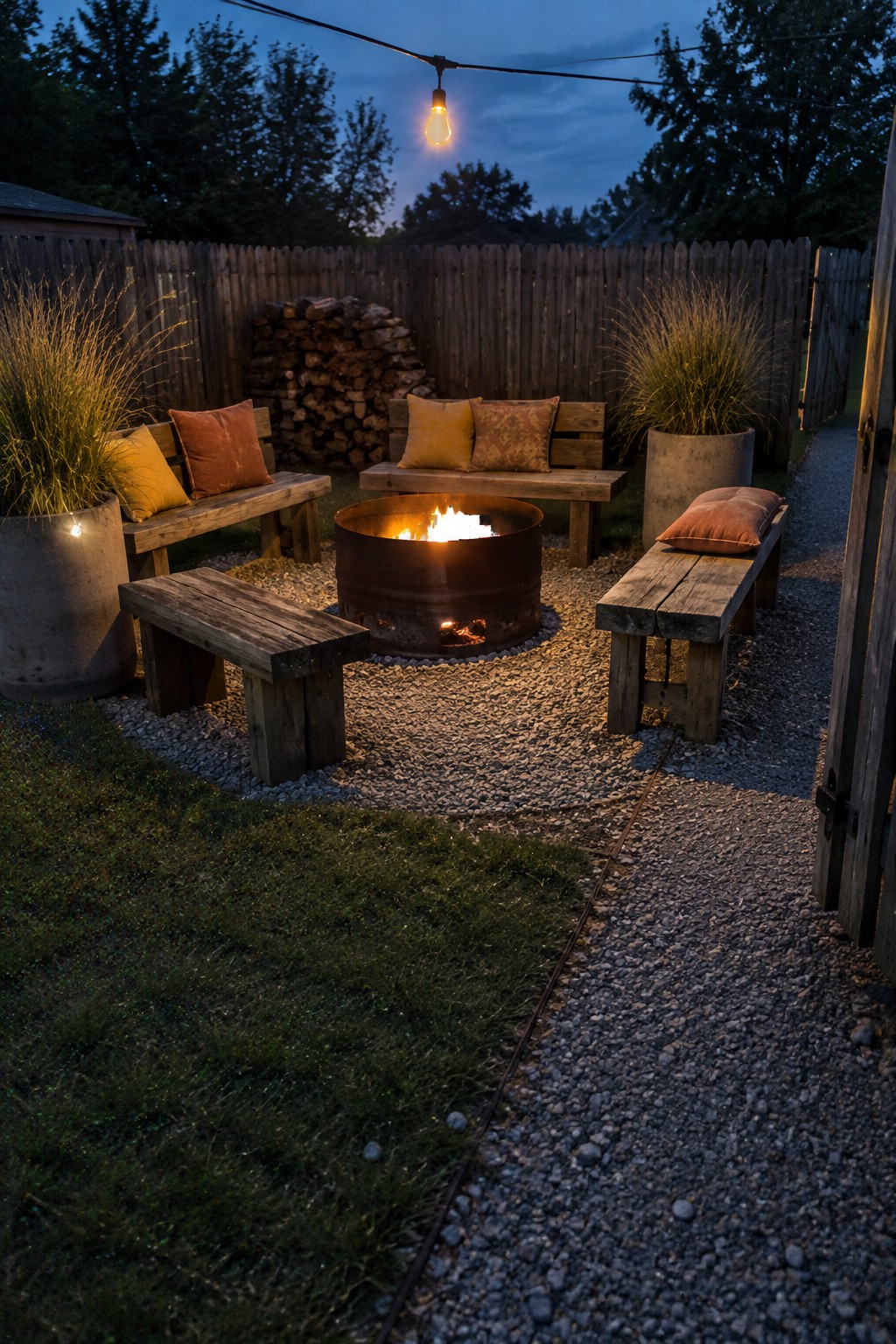 A metal fire pit sits among wooden benches with cushions on a gravel patio in a fenced backyard.