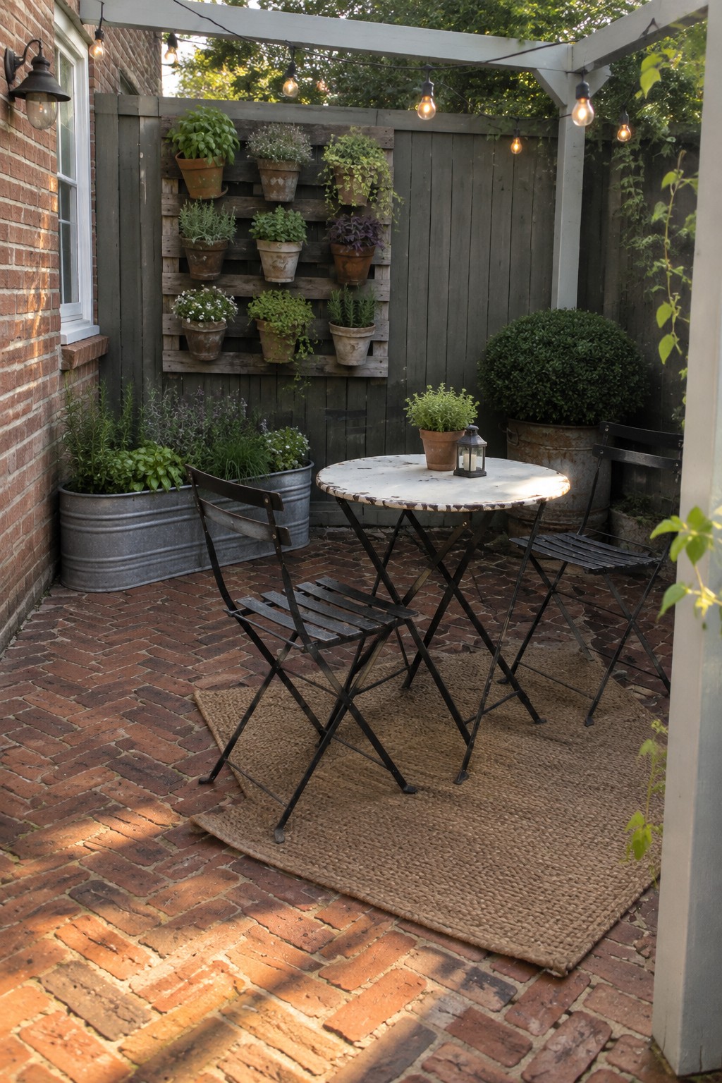 A round table and folding chairs sit on a rug in a brick patio courtyard with potted plants and string lights.