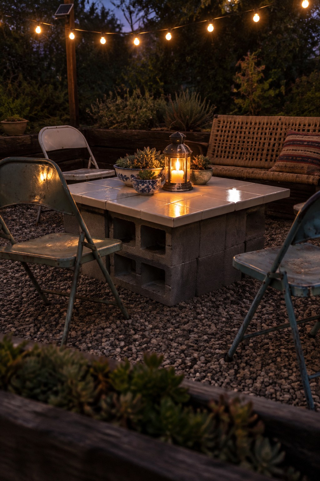 A gravel patio with folding chairs, a block-built table, potted succulents, a candle lantern, and string lights overhead.