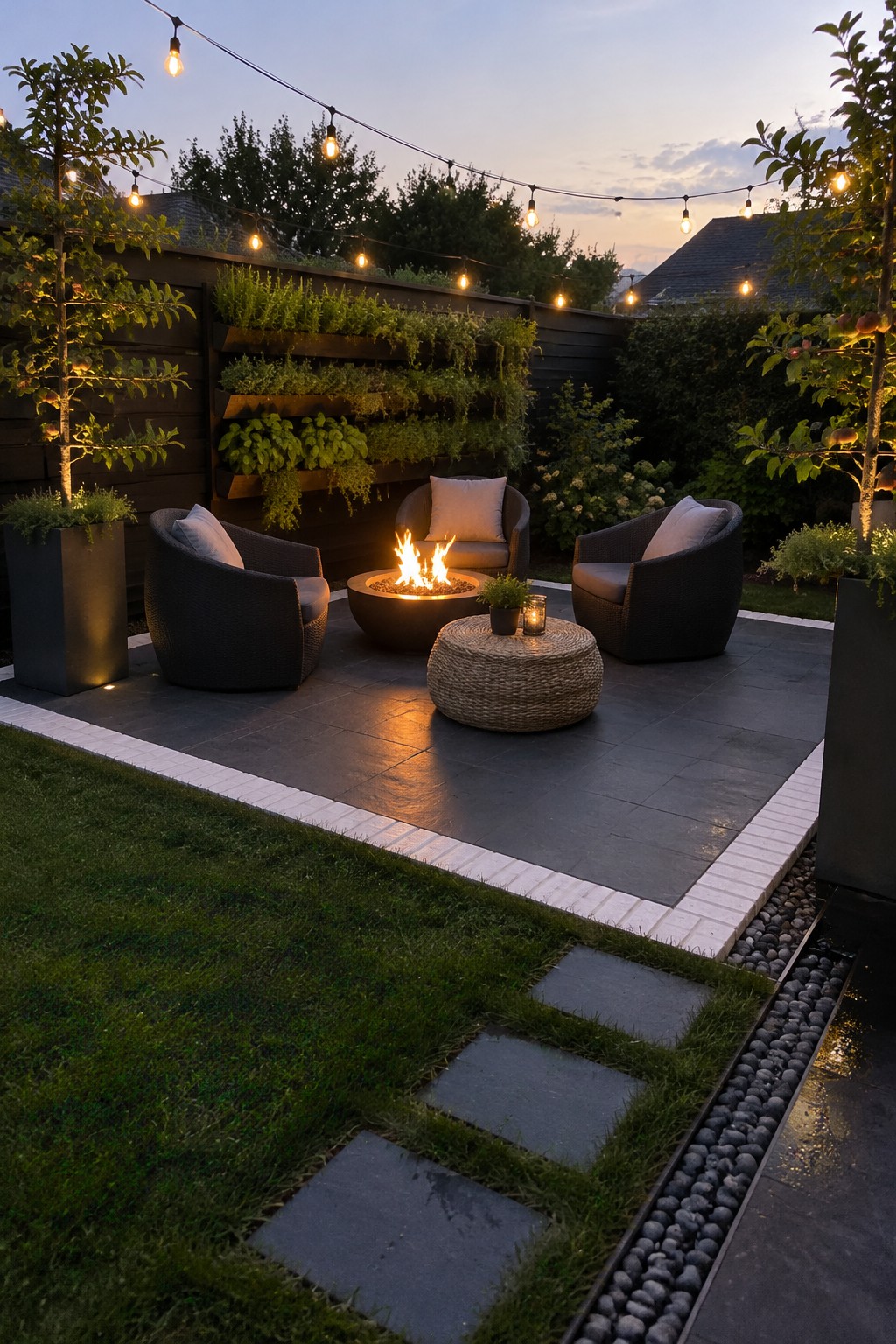 A square dark-paver patio with a light border, curved chairs around a fire pit, and string lights overhead.
