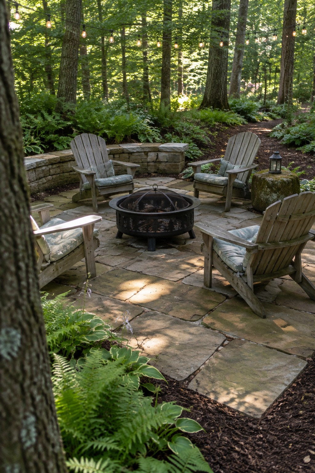 A stone-paver patio in a wooded yard has four wooden chairs arranged around a metal fire pit.