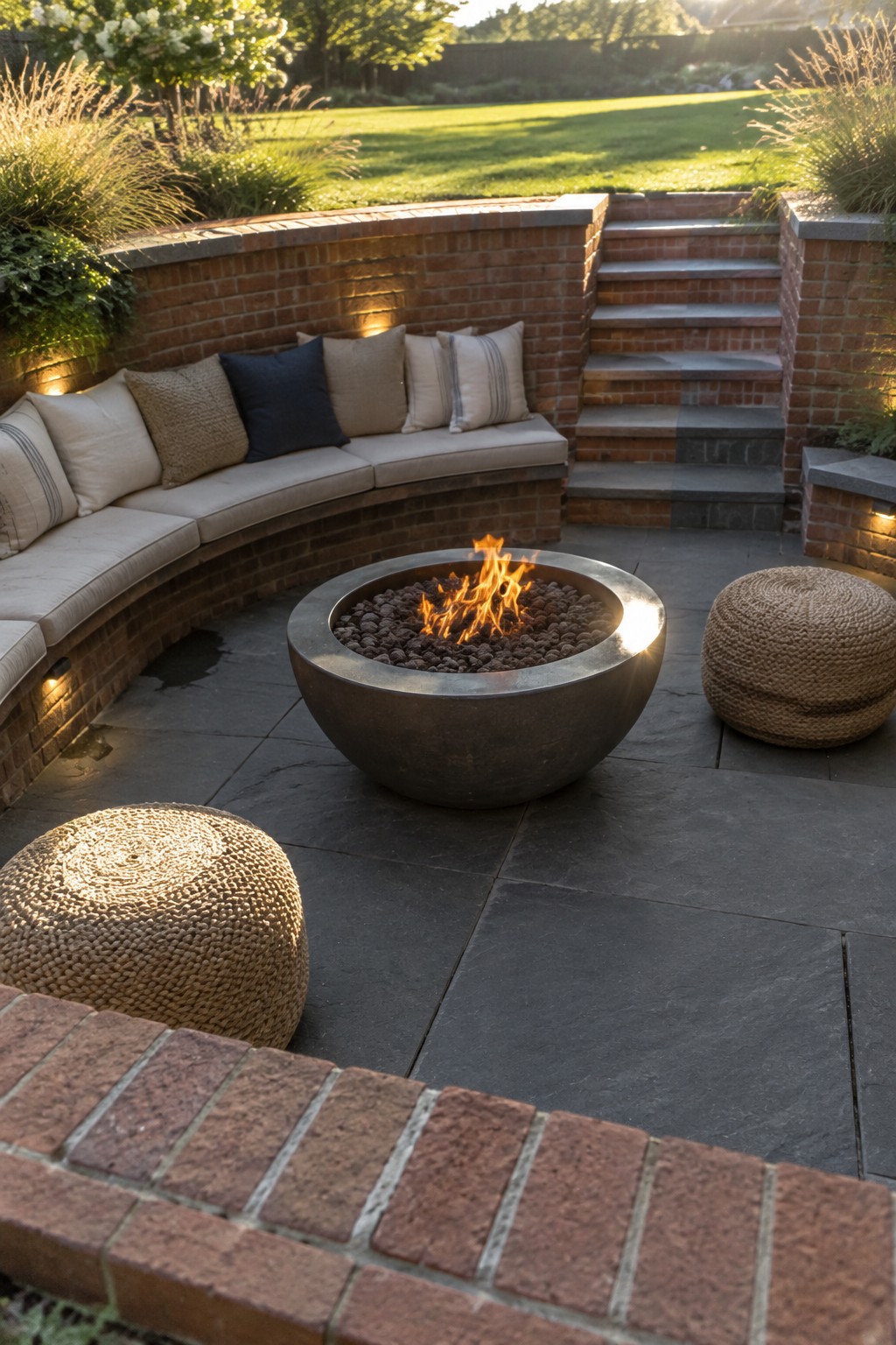 A sunken patio with a round fire pit, curved built-in bench, brick retaining walls, and steps leading up to a lawn.