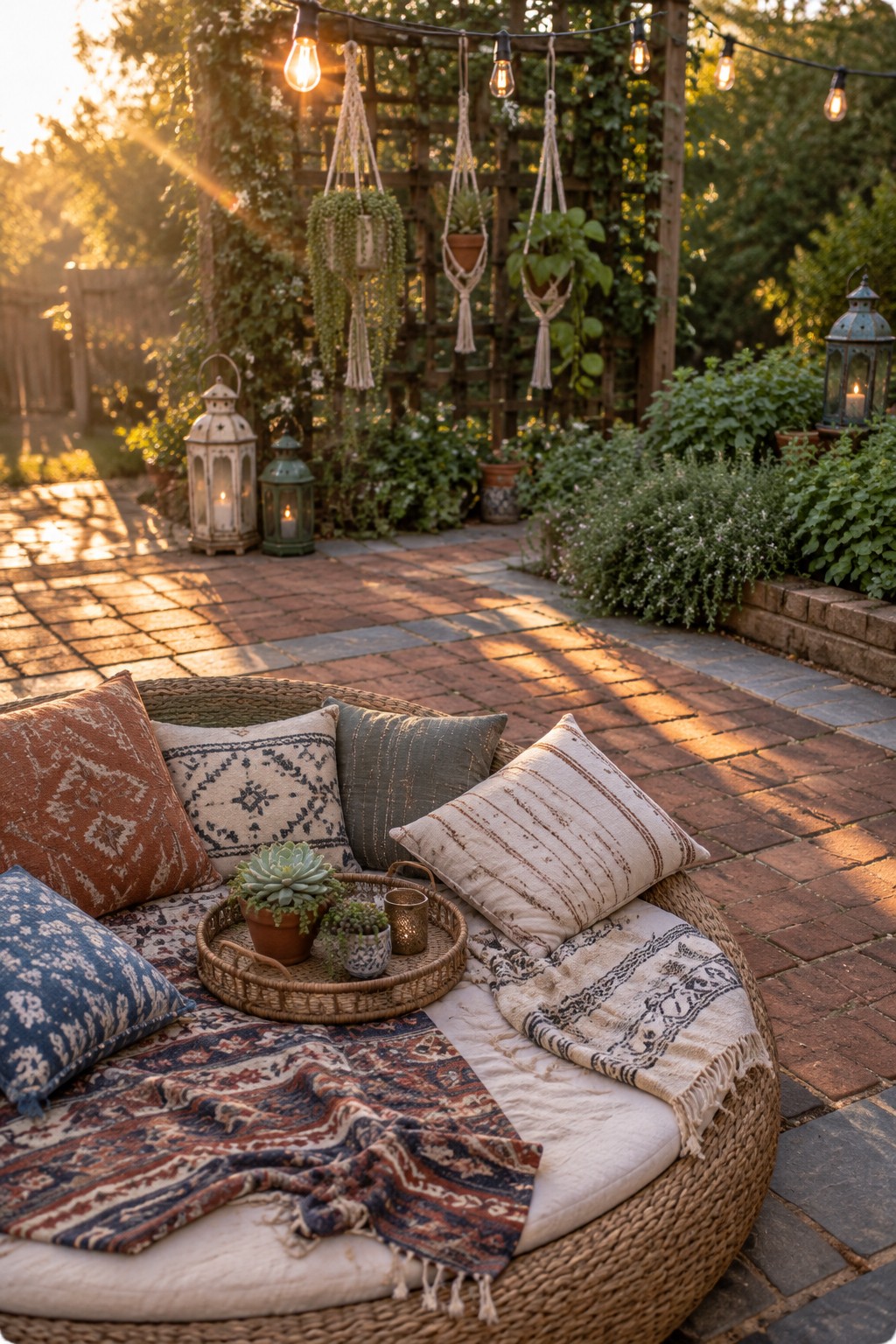 A round woven outdoor daybed with patterned cushions sits on a brick patio edged with gray pavers.