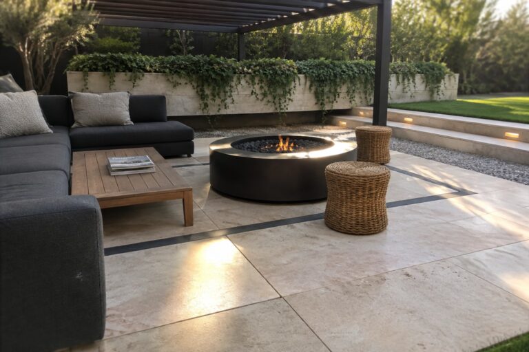 Large pale patio pavers with a dark inset border surround a round fire pit and outdoor seating beneath a pergola.